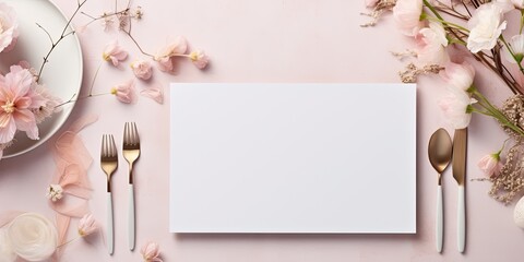 Naklejka na ściany i meble Scandinavian-style blank paper sheet card mockup on table setting with space for text, wedding invitation, and menu.