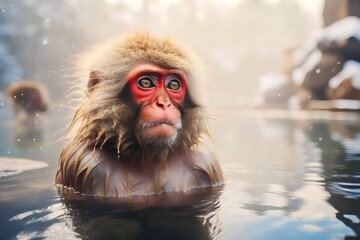 Fototapeta premium a group of red-cheeked monkeys bathing in a natural onsen hot spring in Snow. Japan
