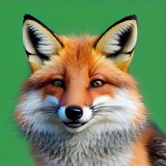 Fototapeta premium Close up of a fox face, showcasing its vibrant fur and intense gaze against a contrasting green background. Generative AI.