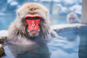 a group of red-cheeked monkeys bathing in a natural onsen hot spring in Snow. Japan