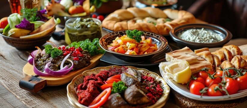Turkish meze and appetizers served traditionally during dinner.