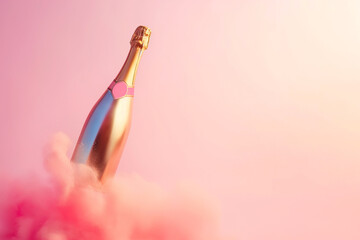 Champagne bottle flies up like a rocket. Champagne rocket launch as a symbol of holiday and party, beginning of vacation, travel or celebration. Party minimal concept, copy space
