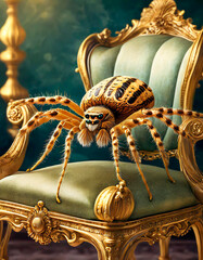 Ramona, Cake; giant spider on a golden Grand Edwardian Chair, close-up of the animal while looking at the camera. Wild animals in luxury.