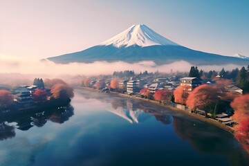 View of Mount Fuji, Japan when the cherry blossoms bloom