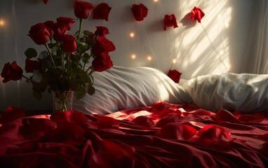 Interior of festive bedroom with decorations for Valentine's Day celebration