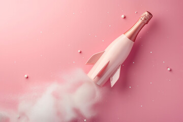 Champagne bottle flies up like a rocket. Champagne rocket launch as a symbol of holiday and party, beginning of vacation, travel or celebration. Party minimal concept