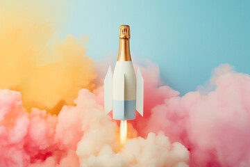 Champagne bottle flies up like a rocket. Champagne rocket launch as a symbol of holiday and party, beginning of vacation, travel or celebration. Party minimal concept, copy space