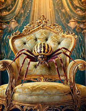 Giant spider on a golden Grand Edwardian Chair, close-up of the animal while looking at the camera. Wild animals in luxury.