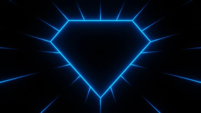 Blue neon diamond frame with radiating rays animation