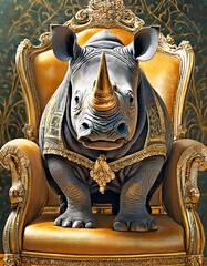 Rhinoceros sitting on a golden Grand Edwardian Chair, close up of the animal while looking at the camera. Animals in luxury.