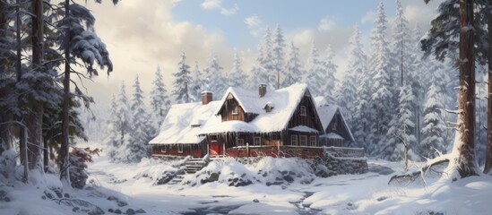 A winter cabin enveloped in a snowy roof, tucked in the woods.