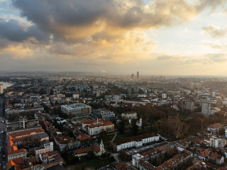 Obraz premium Drone flight at sunset above the Zemum district, Belgrade, Serbia, Europe