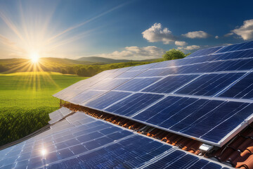 Solar panels by countryside house. Saving electrical energy. Alternative sources of electricity.