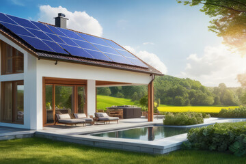 Solar panels by countryside house. Saving electrical energy. Alternative sources of electricity.