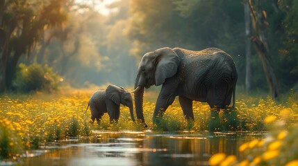 Mother elephant with her calf walking through a picturesque meadow by the water. tranquil wildlife scene in a serene setting. AI - obrazy, fototapety, plakaty