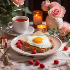 Romantic breakfast for Valentine's Day. Eggs, waffles, berries, coffee and drinks. Rose flowers and sweets