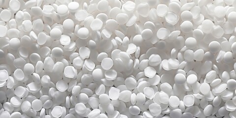 White PVC granulate background, recycled plastic granules, biodegradable plastic. Granules of eco-friendly plastic raw material at the factory