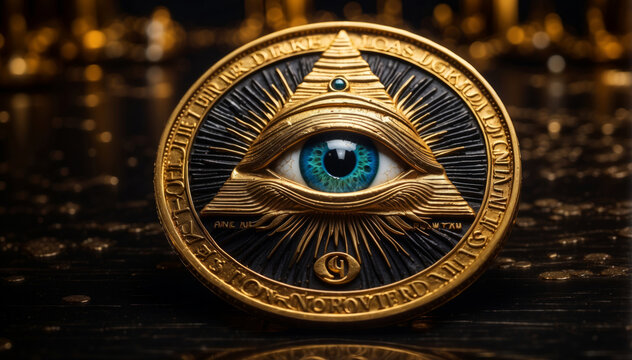 A gold coin with the All-Seeing Eye on it