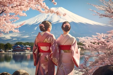 Group happy Asian young women wearing traditional Japanese kimono at mount Fuji and cherry blossoms, Kawaguchiko lake in Japan