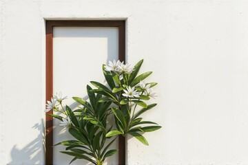A white door with a plant in front, against a white wall, poster, banner, space to copy, space for text, invitation, design template, backdrop, background