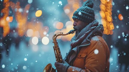 An urban musician playing saxophone amidst falling snowflakes at night. street performance in a wintry city setting. AI
