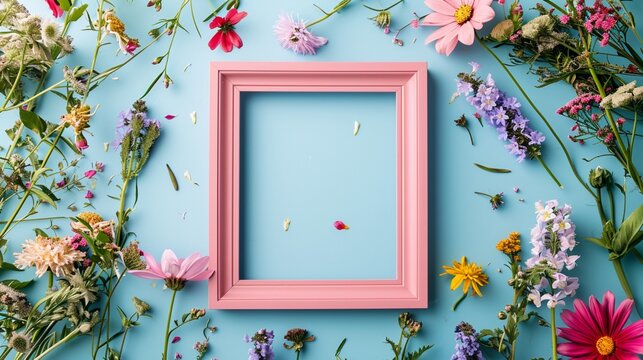 image of blooming flowers of various colors placed on and around empty pink photo frame against light blue background