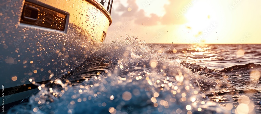 Poster high quality photograph of a yacht sailing in the open sea, capturing a close-up side view with spla