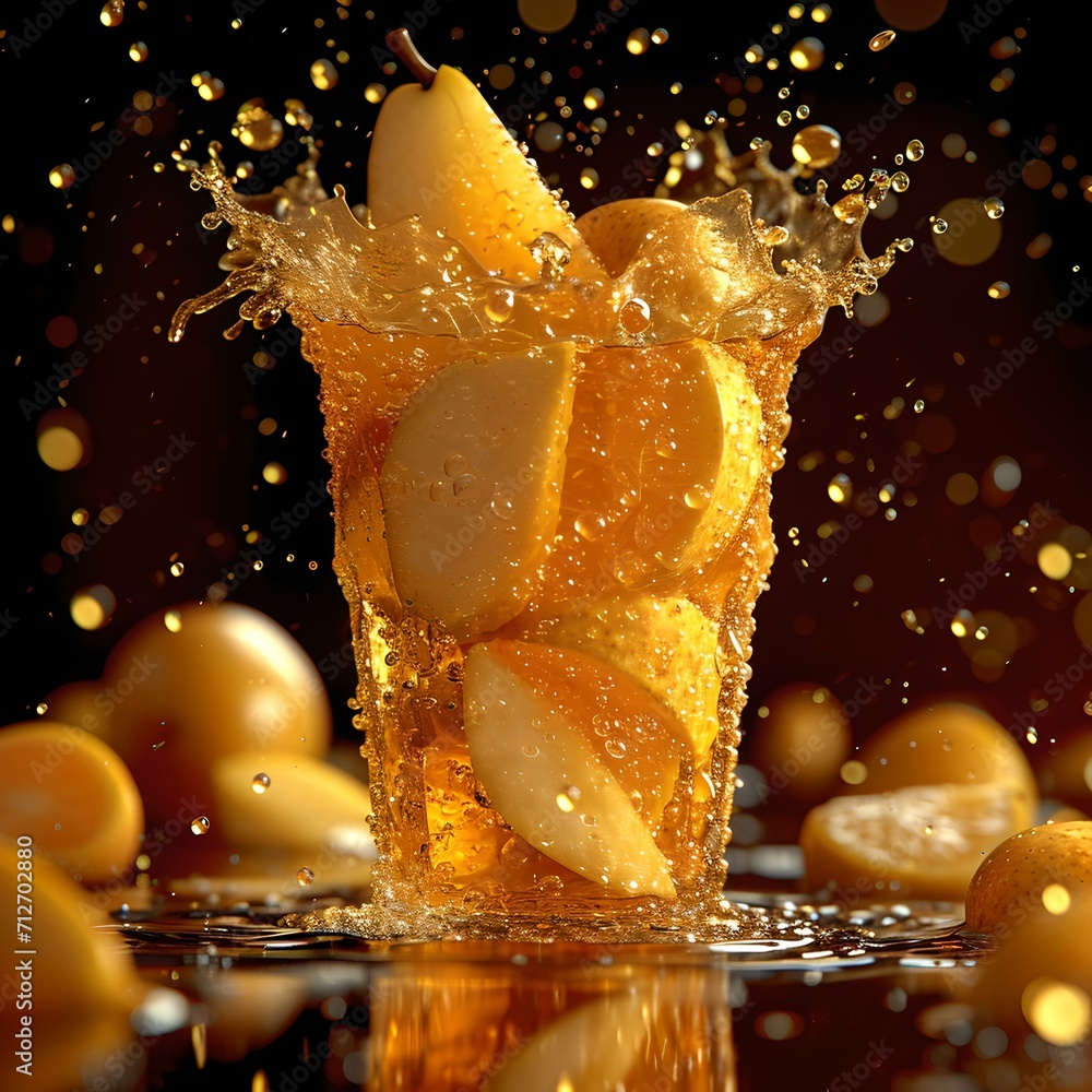 Poster refreshing lemonade with splashing water on a dark background. lemon slices fall into a glass creati