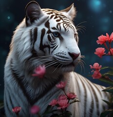 White tiger, on the background of flowers and forest, close-up portrait.
