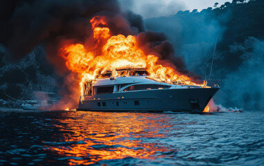 A yacht on fire near a cliff, with thick smoke rising.