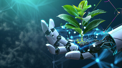 Holographs. Heart-shaped leaves Holographic Infographic on an open robotic palm. Holographic meeting of robot hand and green. Business