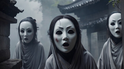 Japanese ghosts, divine masks, eerie, horror, live action, sideways, ruins, blurry background, ashy background Generated AI