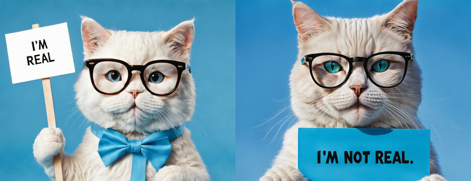 A cat is holding a sign that says &ldquo;I&rsquo;m real&rdquo;, while on the opposite side, another cat is holding a sign that says &ldquo;I&rsquo;m not real" on a simple background