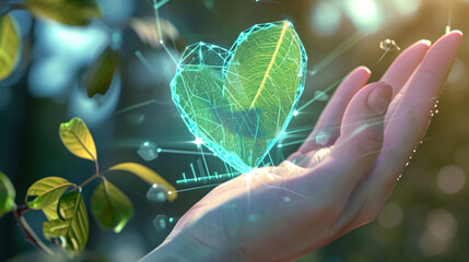 Holographs. Heart-shaped leaves Holographic Infographic on an open robotic palm. Holographic meeting of robot hand and green. Business - obrazy, fototapety, plakaty