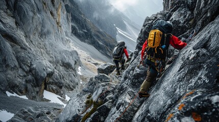 Climbers ascending a steep rocky slope - obrazy, fototapety, plakaty