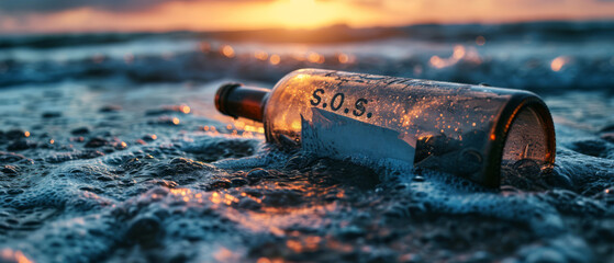 Message in a bottle with "SOS" washed up on the beach at sunset.