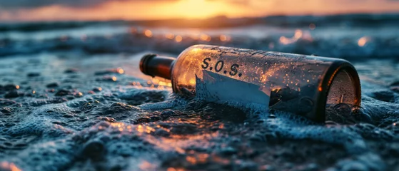 Rolgordijnen Message in a bottle with "SOS" washed up on the beach at sunset. © Jan