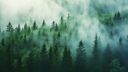 Misty Forest Filled With Tall Trees Enveloped