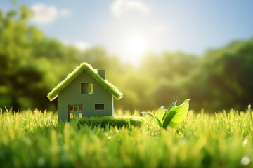 Sustainable Concept green home and environmentally friendly construction. It includes a mini house icon placed on a lush green lawn generative ai - obrazy, fototapety, plakaty