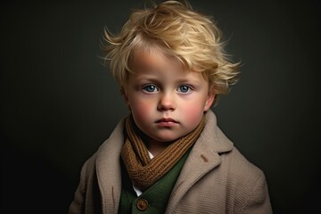 Portrait of a little boy in a coat and scarf. Studio shot.