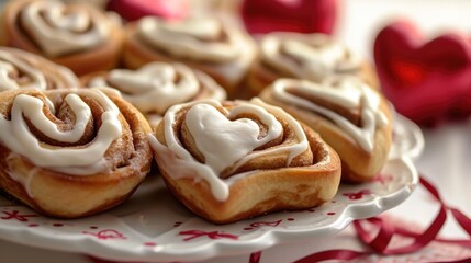 Obraz na płótnie Canvas heart-shaped cinnamon rolls with cream cheese frosting generative ai