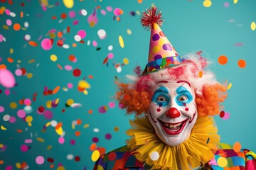 clown and confetti with birthday party hat, in the style of whimsical naive art Clown close 1 April Fool`s day concept Laughing clown