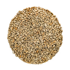 Peeled sunflower seeds on a white background. View from above. A bunch of seeds isolate