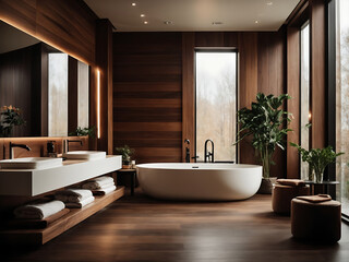 Fototapeta premium Interior of a modern public bathroom with dark wooden walls and tiled floor design.