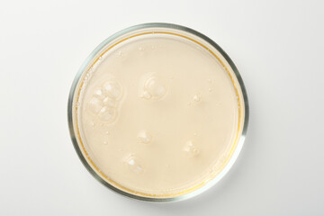 Petri dish with color liquid sample on white background, top view