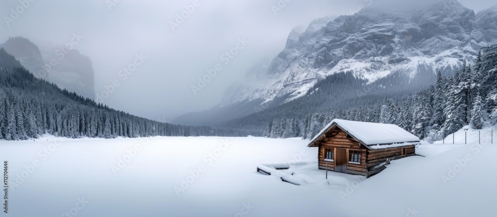 Poster wooden hut in a snowy paradise.