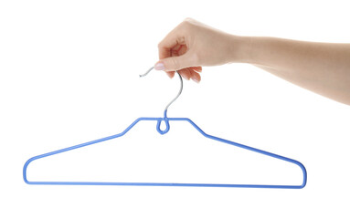 Woman holding hanger on white background, closeup