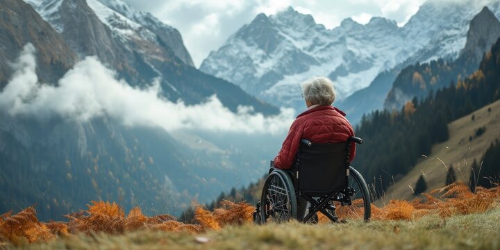 Old Woman In A Wheelchair Enjoying The Day Near The Water