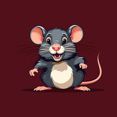 A cartoon character of a cheeky gray rat with wide eyes on a burgundy background that can be used either as a logo or as a children's book character