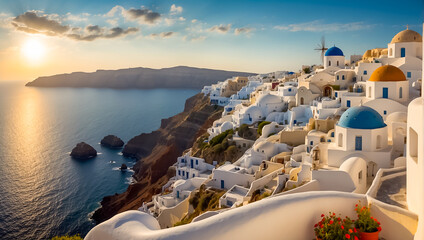 Beautiful Oia town in Greece background sunrise - obrazy, fototapety, plakaty